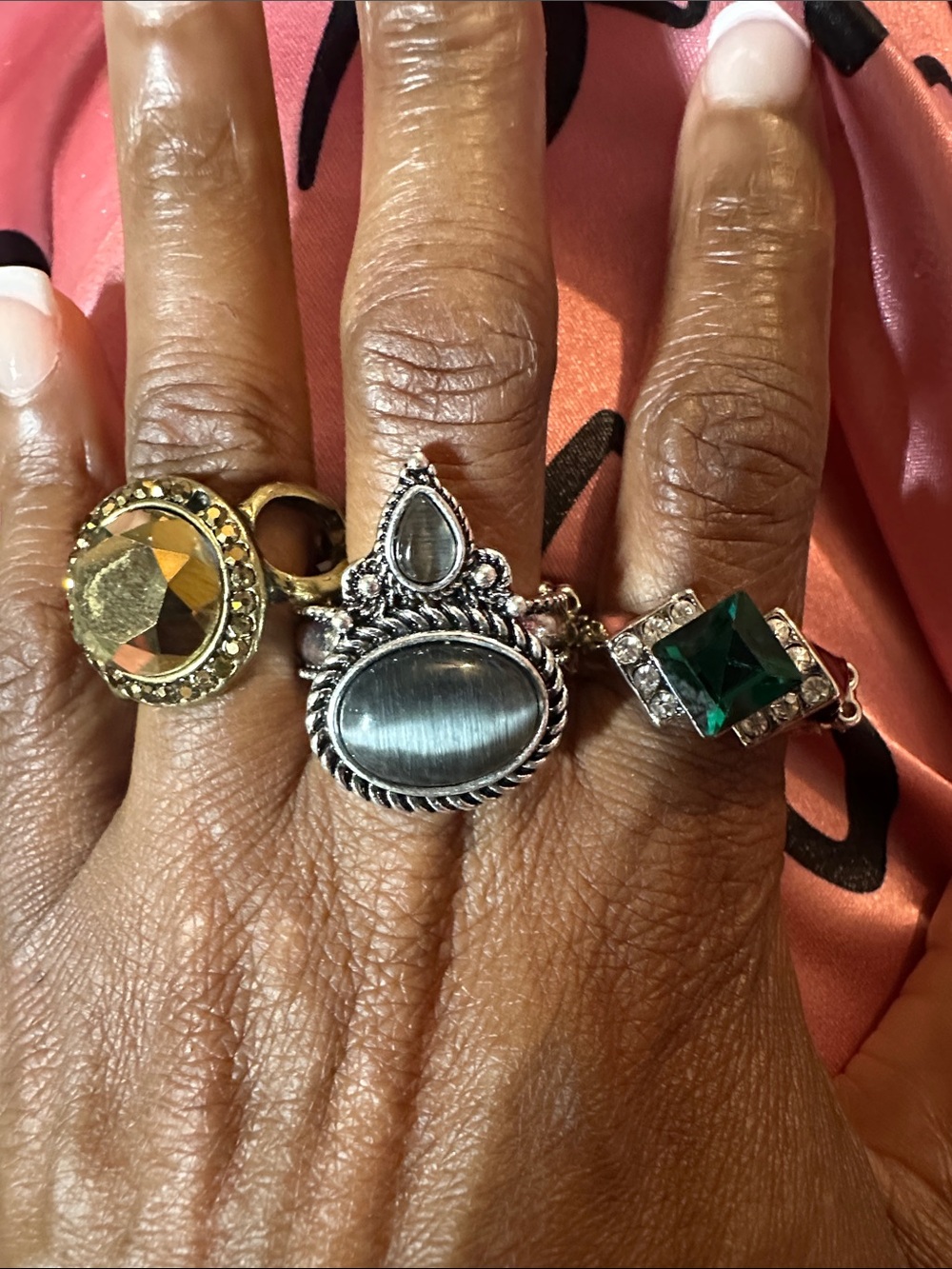 3PCS Sterling-Tone rings-Blue Cat's Eye Ring,Green Gold & -stretchy.